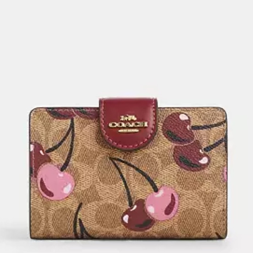 Coach Medium Corner Zip Wallet In Signature Canvas With Cherry Print